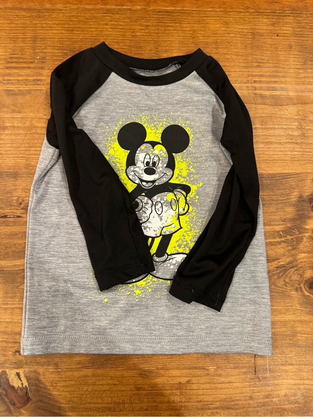 Disney Mickey Mouse Gray Tee with Black Sleeves and Neon Yellow Graphic